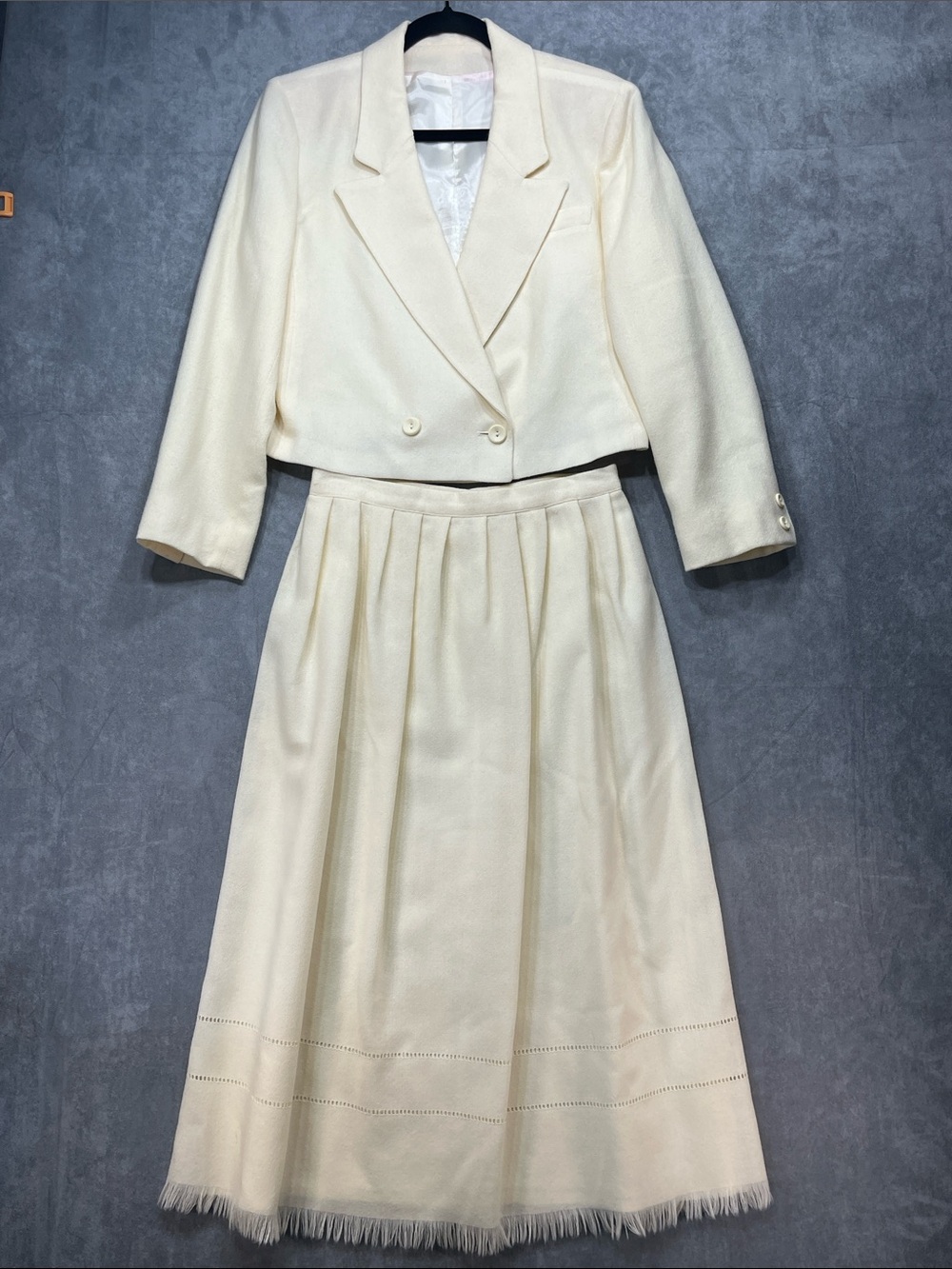 100% Pure Wool Ivory Cropped Blazer Pleated Maxi Skirt 2 Piece Set